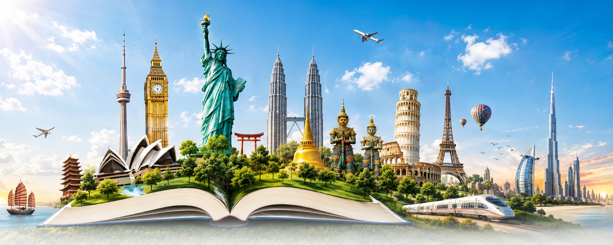 World landmarks rising from an open book — study English and go abroad with BayRen