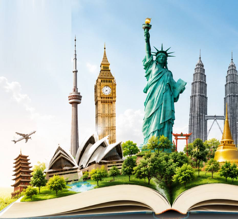 World landmarks rising from an open book — study English and go abroad with BayRen