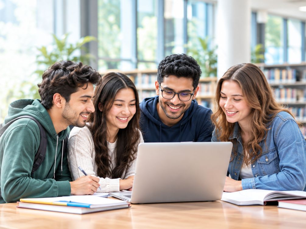 Four students smiling around a laptop in a university library