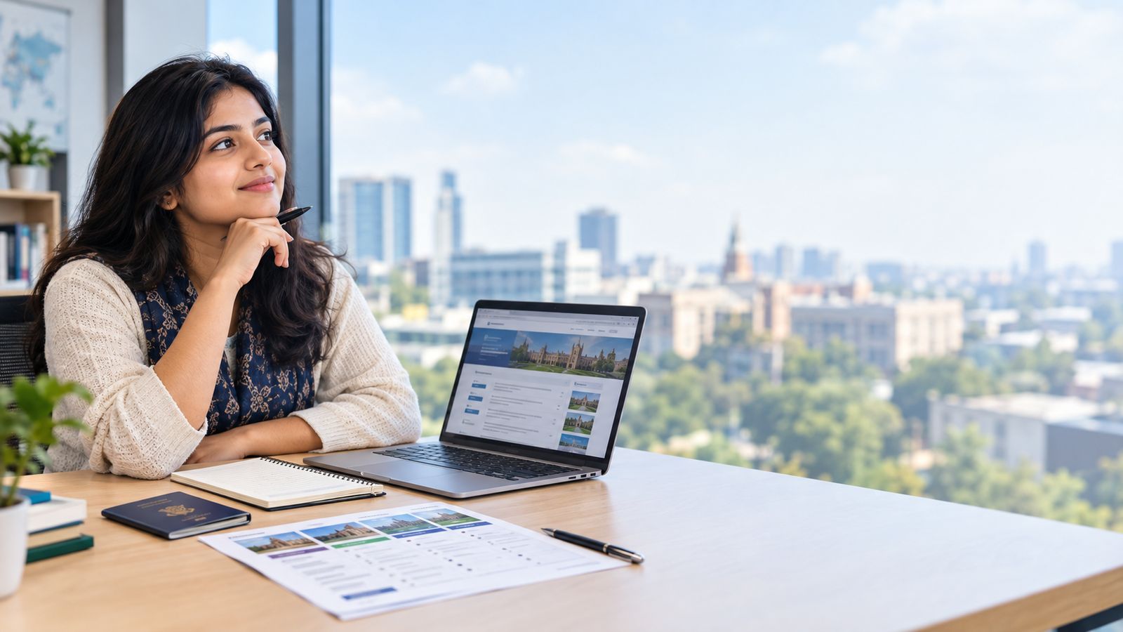 A student looking out over a city skyline from her desk, a university website open on her laptop