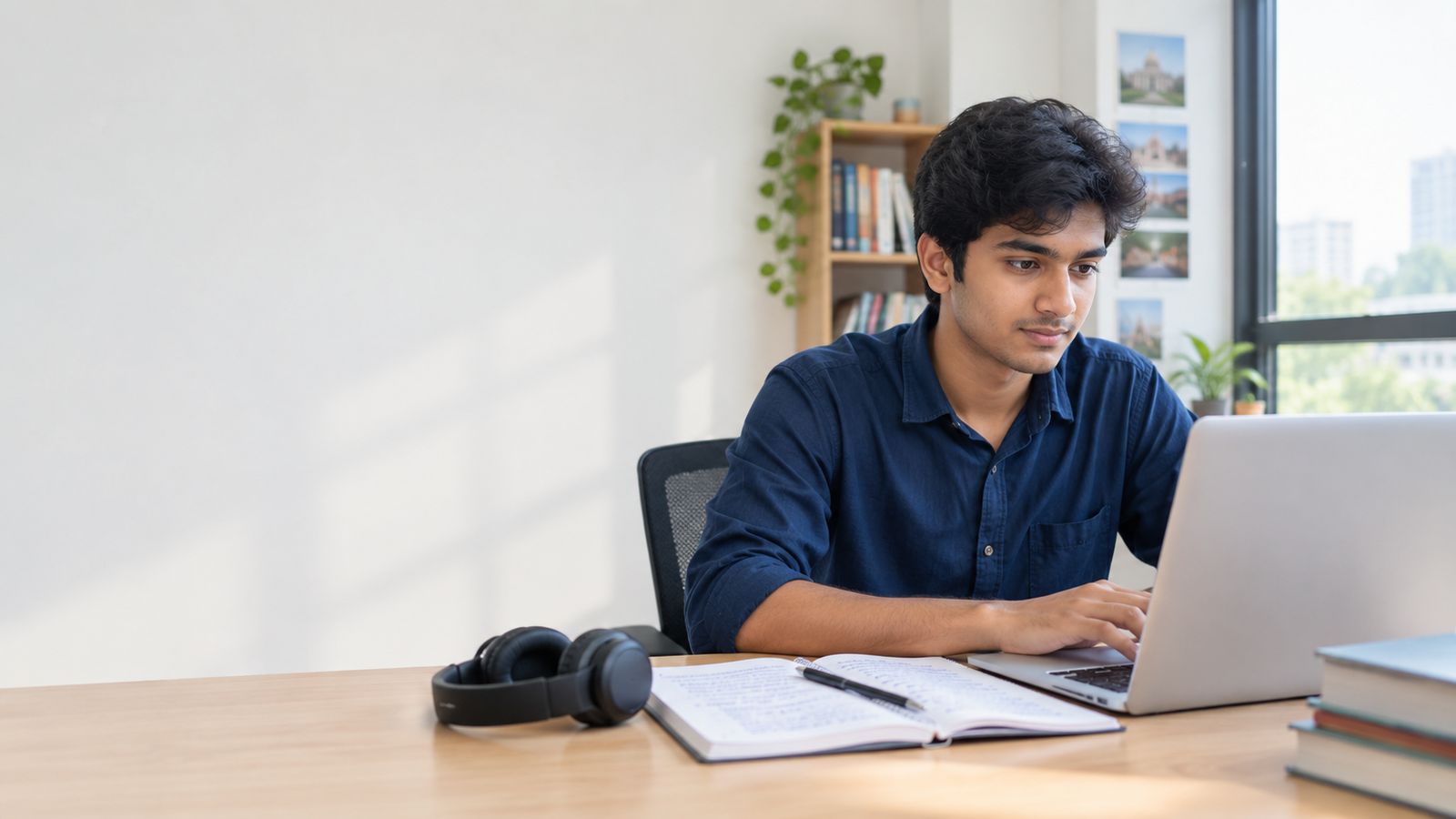 A student at a laptop with headphones and a notebook, studying from home