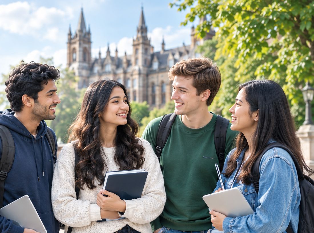 Four students talking together on a university campus abroad
