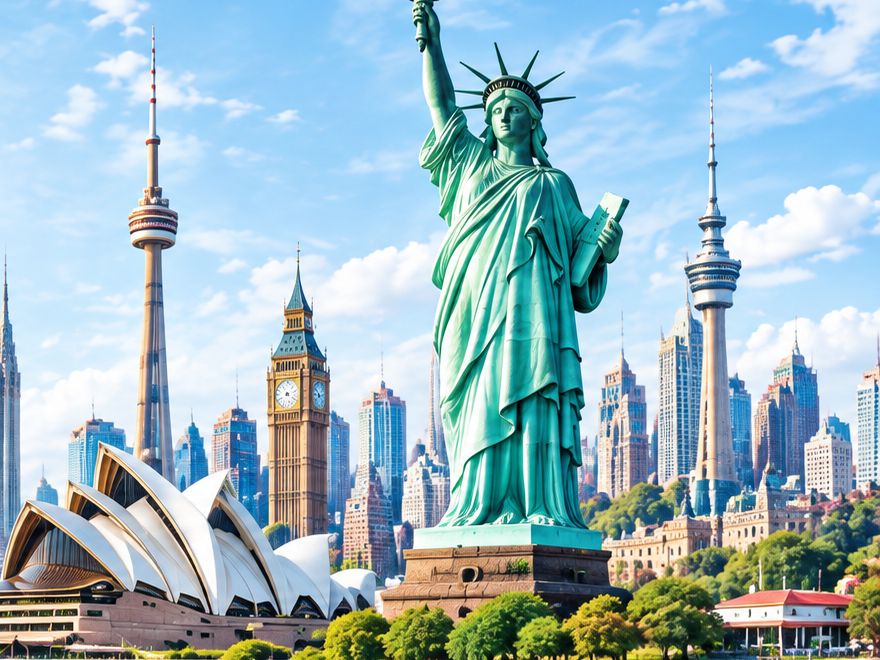 Landmarks of the top study destinations: the Sydney Opera House, the CN Tower, Big Ben, the Statue of Liberty and Auckland's Sky Tower