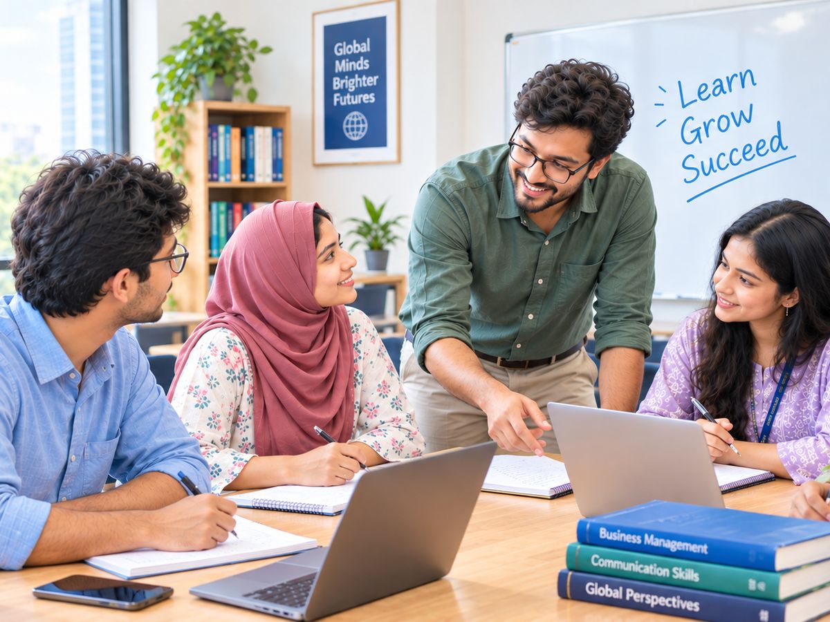 A coach leaning over a laptop to help four students in a classroom
