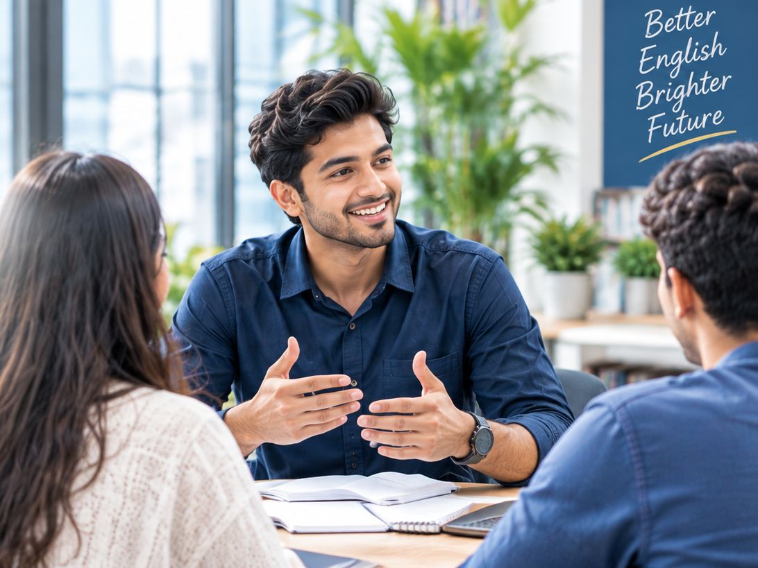 A BayRen coach mid-conversation with two students in a bright classroom