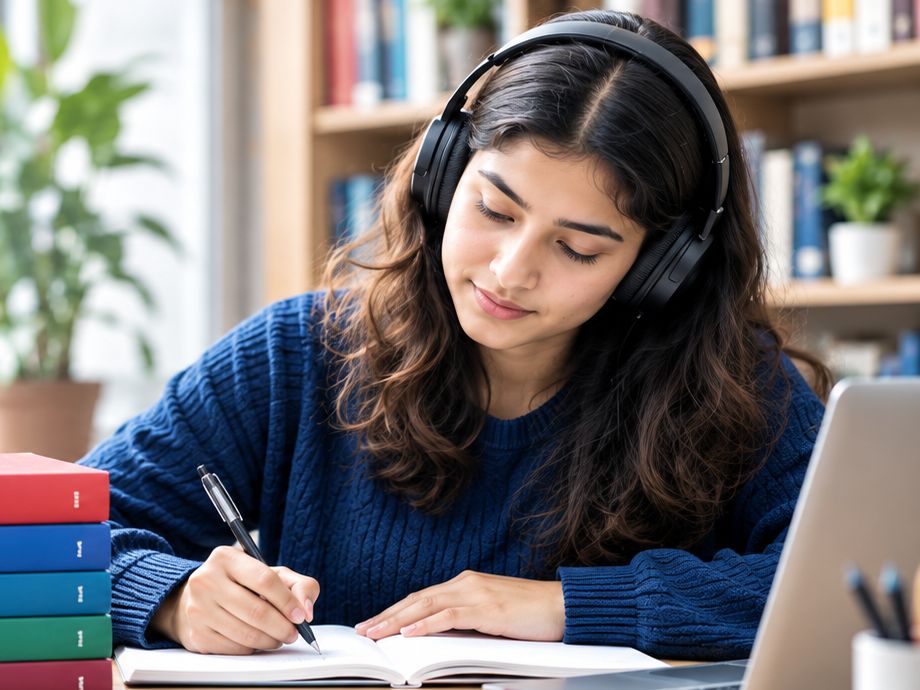 A student in headphones writing at a desk beside a stack of IELTS books