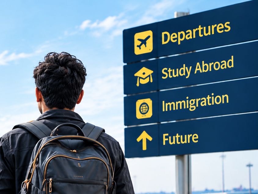 A student with a backpack looking up at an airport departures board
