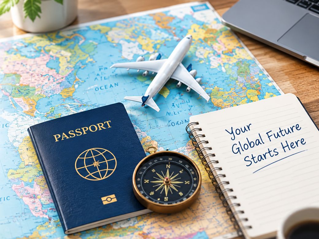 A passport, a compass and a model plane laid on a world map beside a notebook